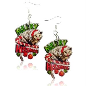Funny Christmas Holiday Transparent Merry Hissmas Opossum  Dangling Earrings